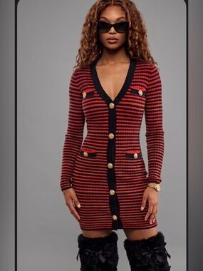 Red and Black Striped V-Neck Button Front Dress